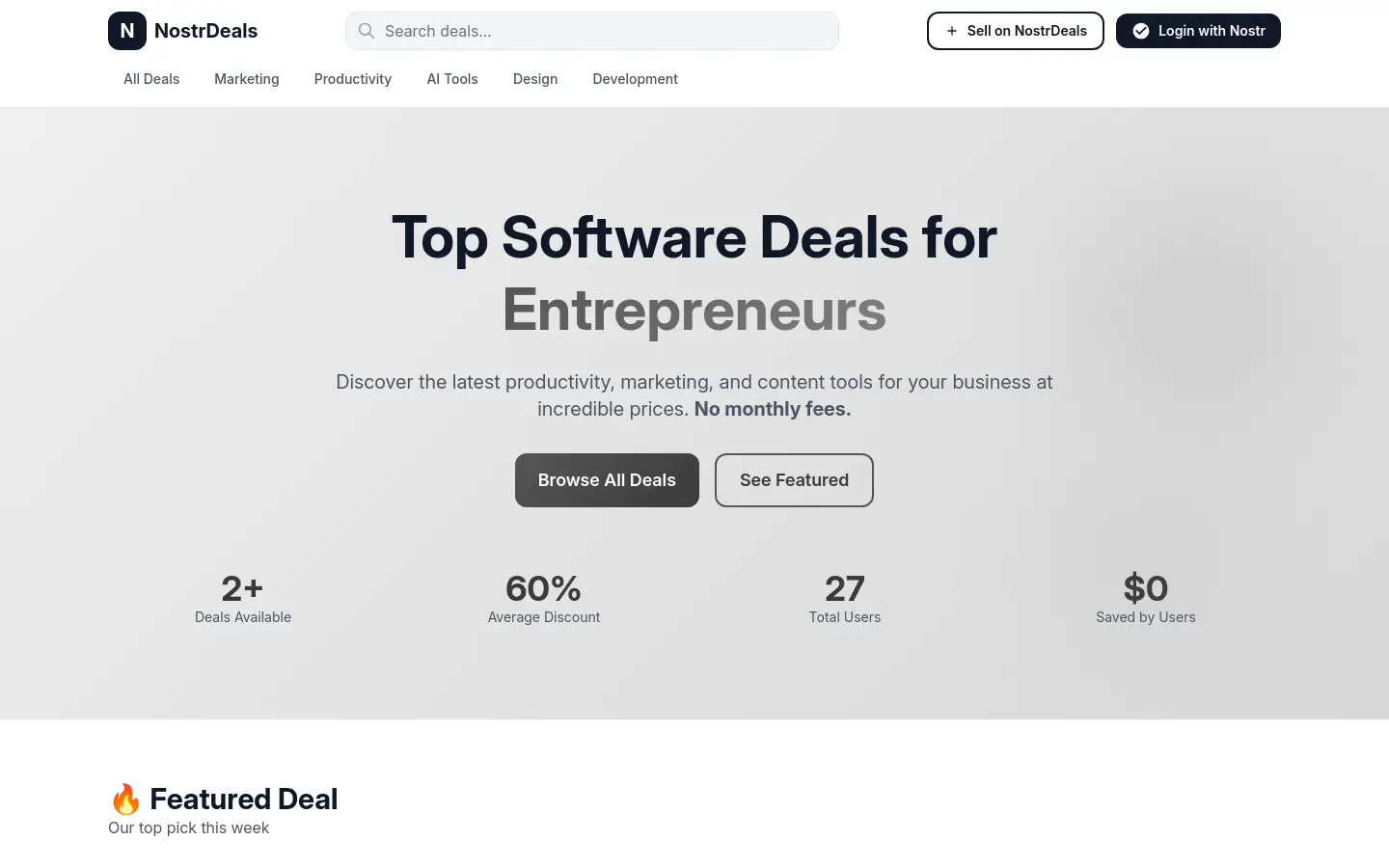NostrDeals - Top Software Deals for Entrepreneurs website
