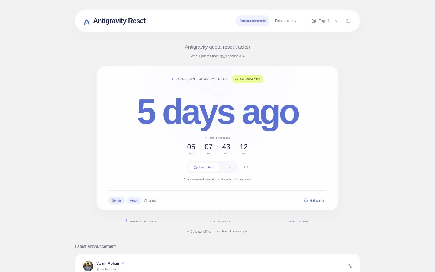 Antigravity Reset website
