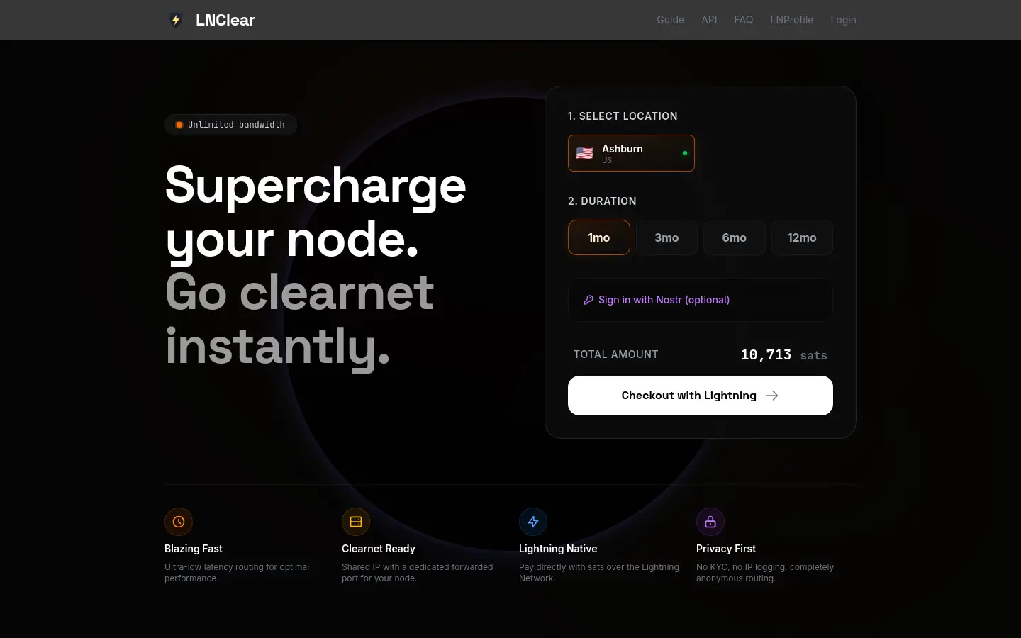 LNClear — Bitcoin Lightning VPN website