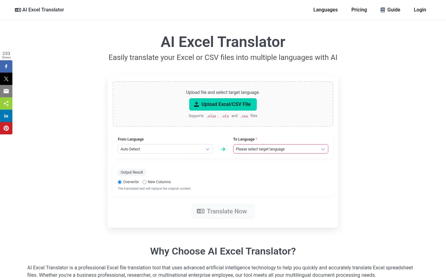 AI Excel Translator website