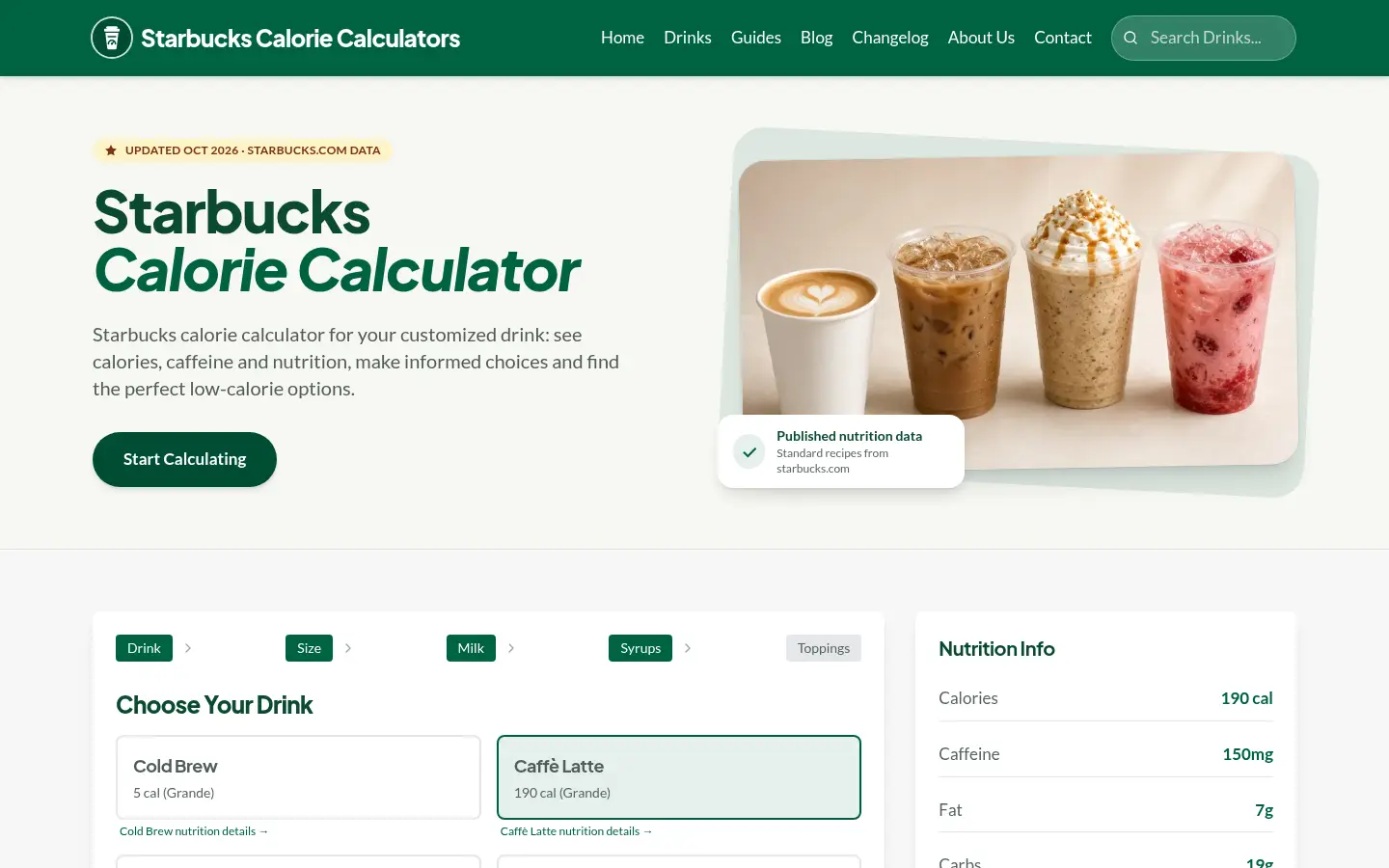 Starbucks Calorie Calculator website