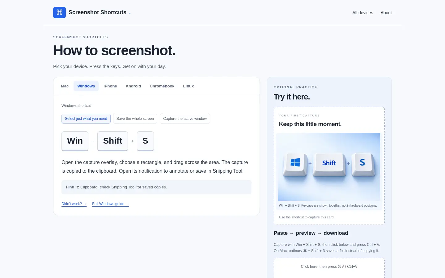 Screenshot Shortcuts website